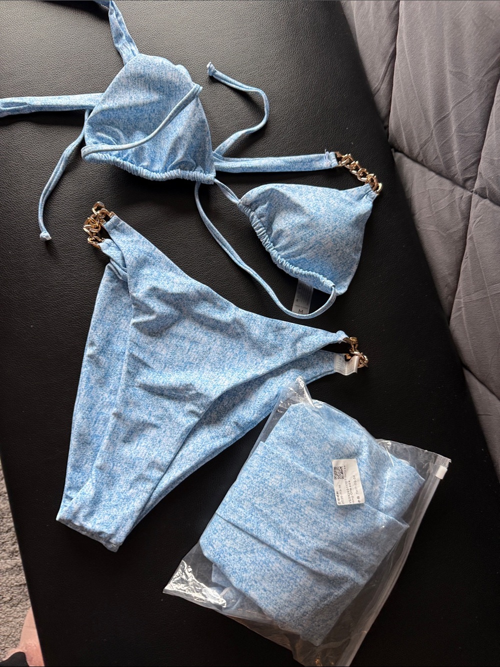 Halter Bikini Set in Light Blue with Gold Chain Accents